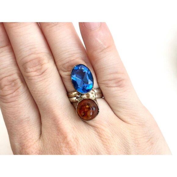 Blue Topaz Baltic Ambe Gemstone Modernist Sterling Silver Vintage Ring sz 5.75 - Picture 7 of 10